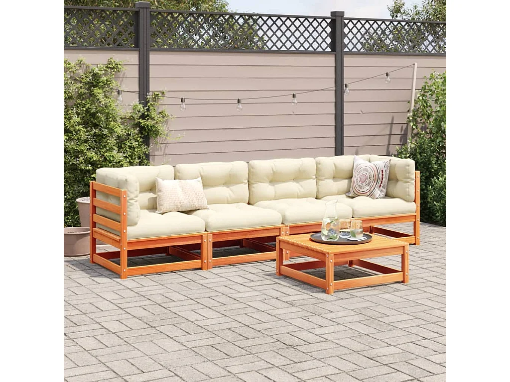 Salon de jardin 5 pcs avec coussins cire marron bois pin massif