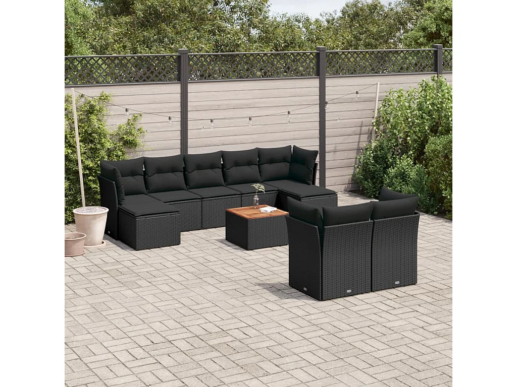 Salon de jardin 10 pcs avec coussins noir résine tressée