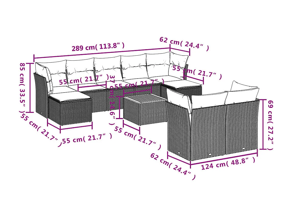 Salon de jardin 10 pcs avec coussins noir résine tressée