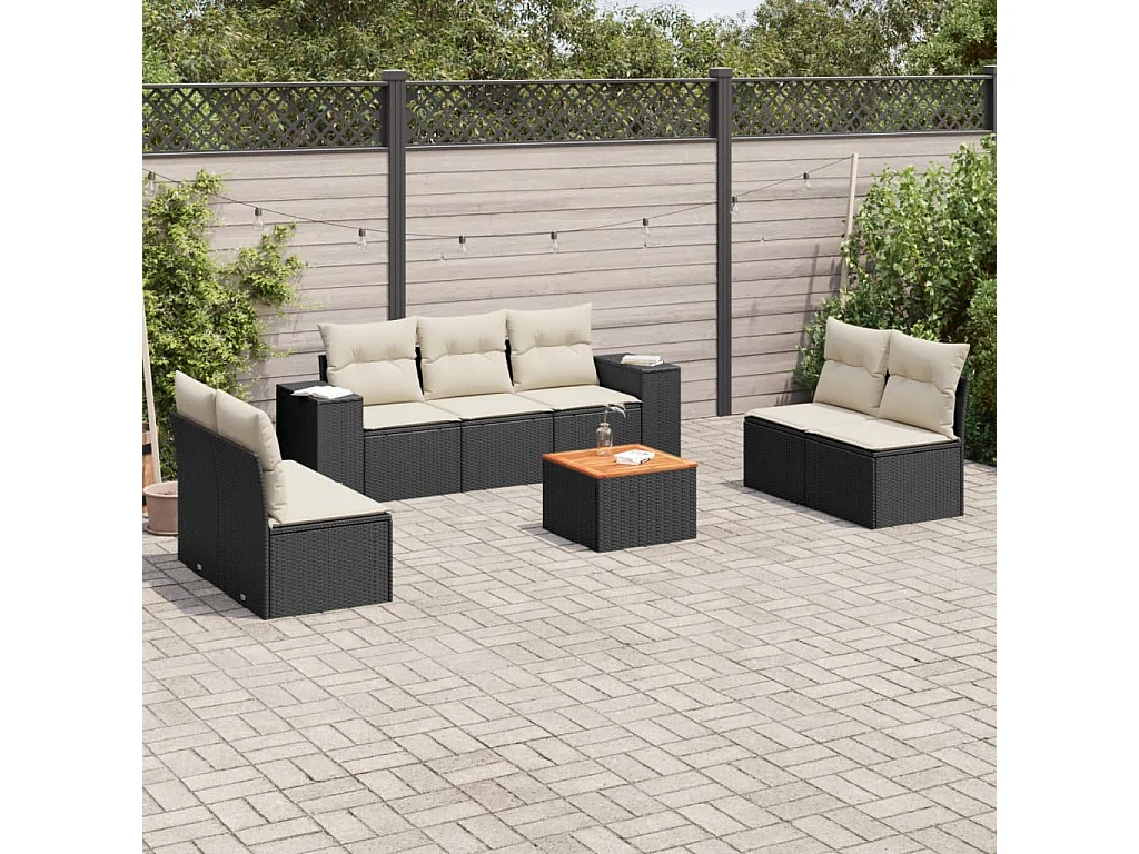 Salon de jardin 8 pcs avec coussins noir résine tressée