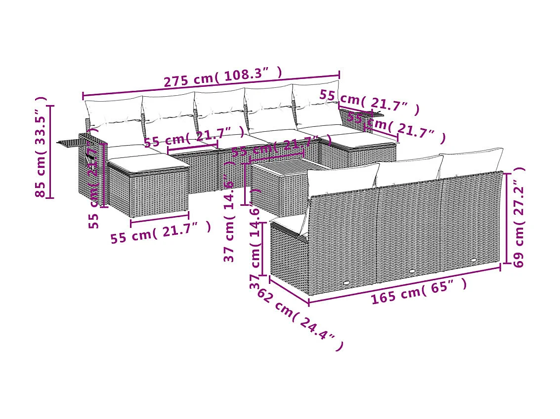 Salon de jardin 11 pcs avec coussins noir résine tressée