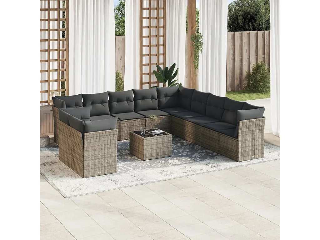 Salon de jardin avec coussins 12 pcs gris résine tressée