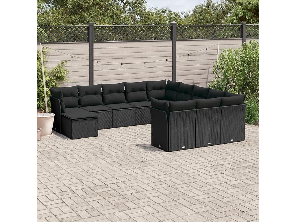 Salon de jardin 12 pcs avec coussins noir résine tressée