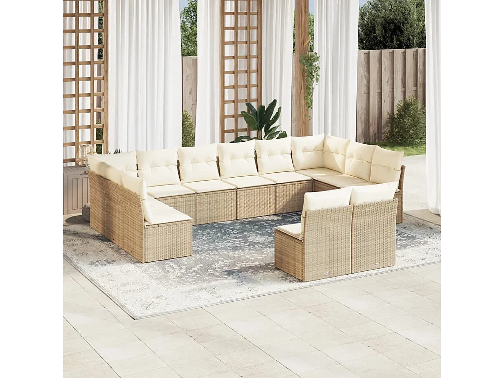 Salon de jardin avec coussins 12 pcs beige résine tressée