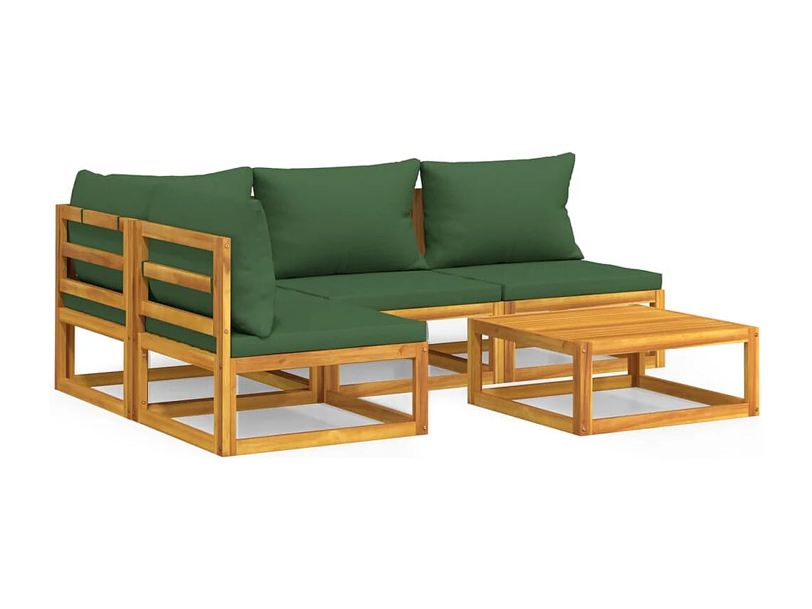 Salon de jardin 5 pcs avec coussins vert bois massif