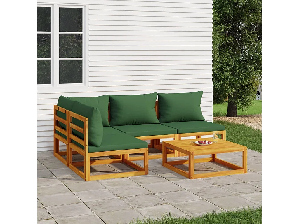 Salon de jardin 5 pcs avec coussins vert bois massif