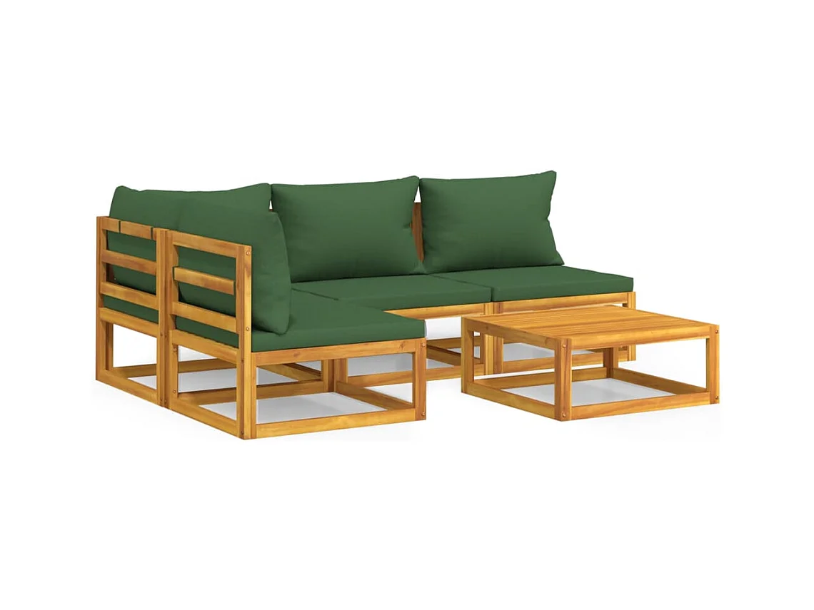 Salon de jardin 5 pcs avec coussins vert bois massif