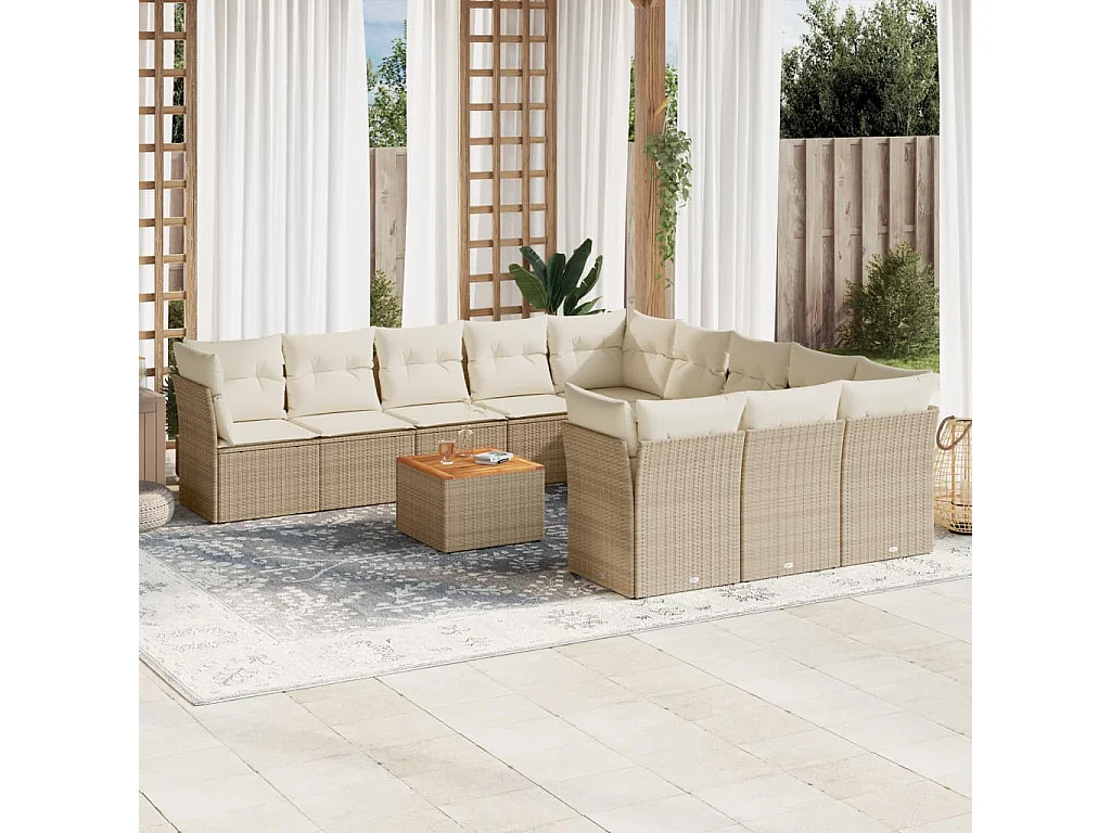 Salon de jardin avec coussins 12 pcs beige résine tressée