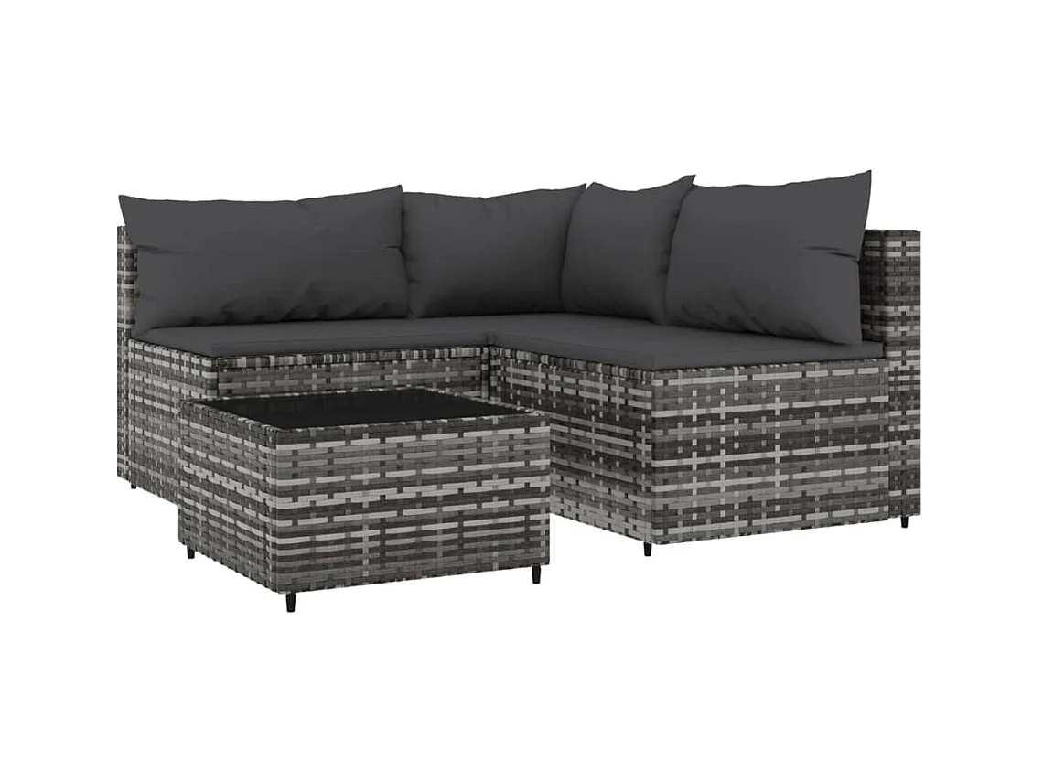 Salon de jardin 4 pcs avec coussins Gris Résine tressée