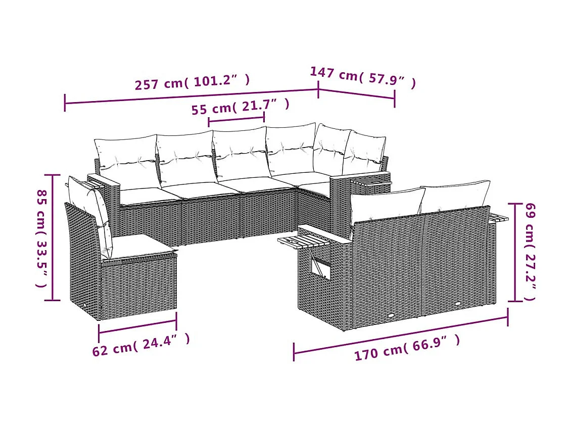 Salon de jardin avec coussins 8 pcs beige résine tressée