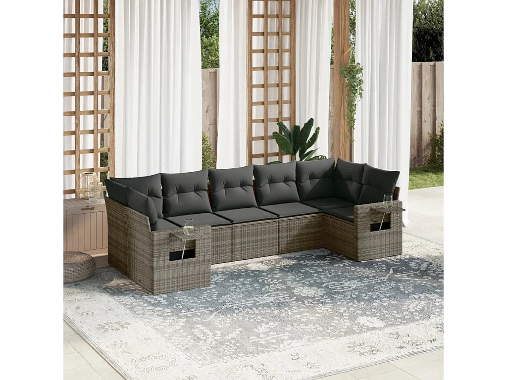 Salon de jardin avec coussins 7 pcs gris résine tressée