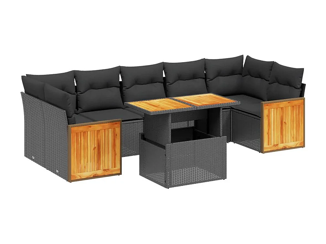 Salon de jardin 8 pcs avec coussins noir résine tressée