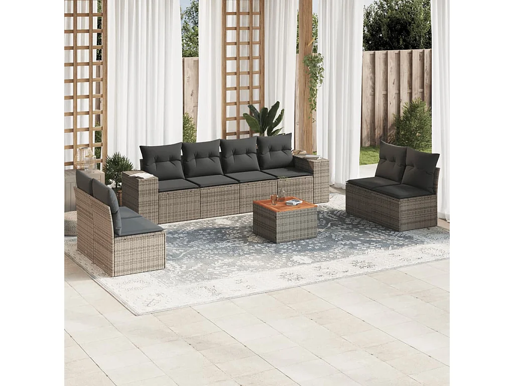 Salon de jardin 9 pcs avec coussins gris résine tressée