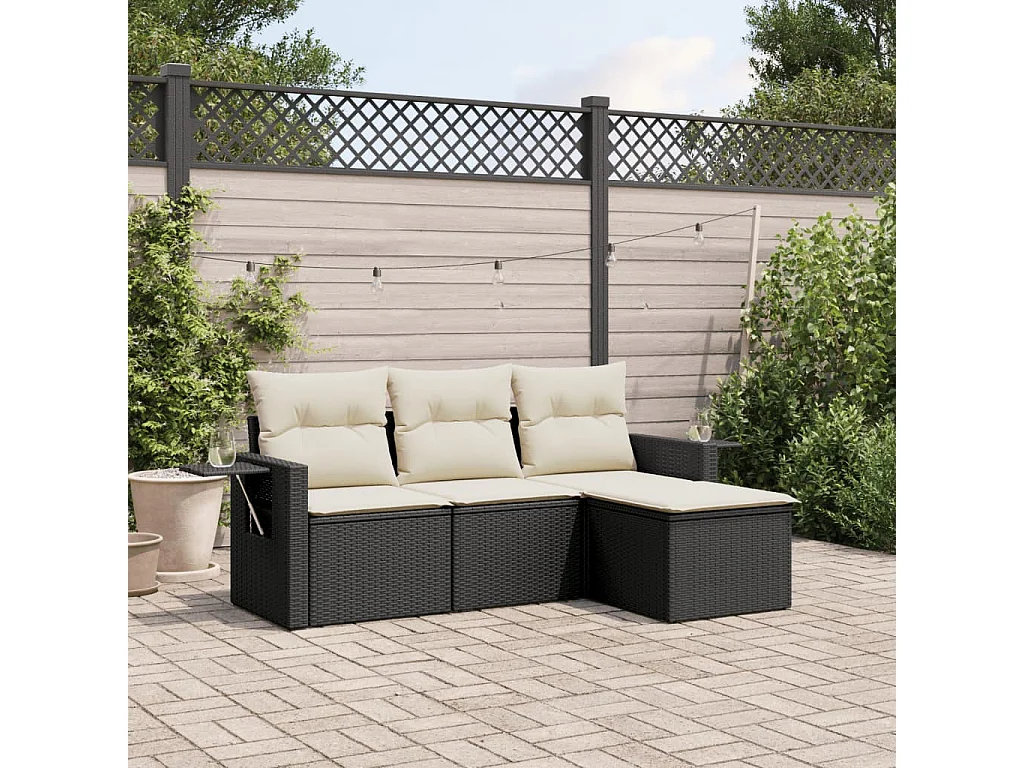 Salon de jardin 4 pcs avec coussins noir résine tressée