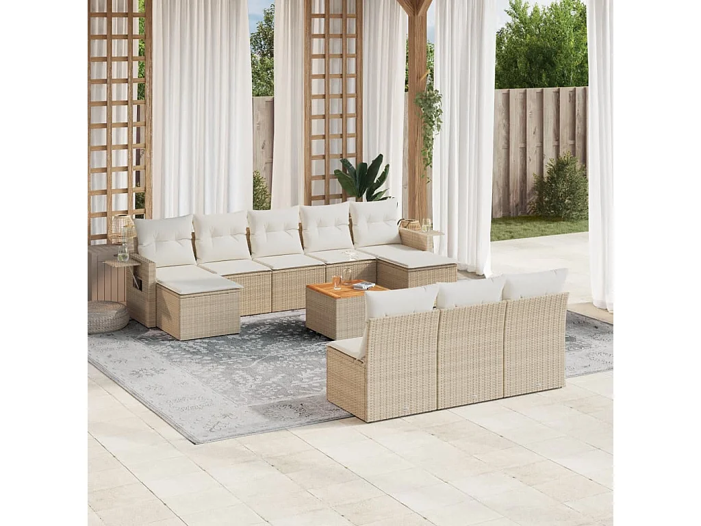 Salon de jardin 11 pcs avec coussins beige résine tressée