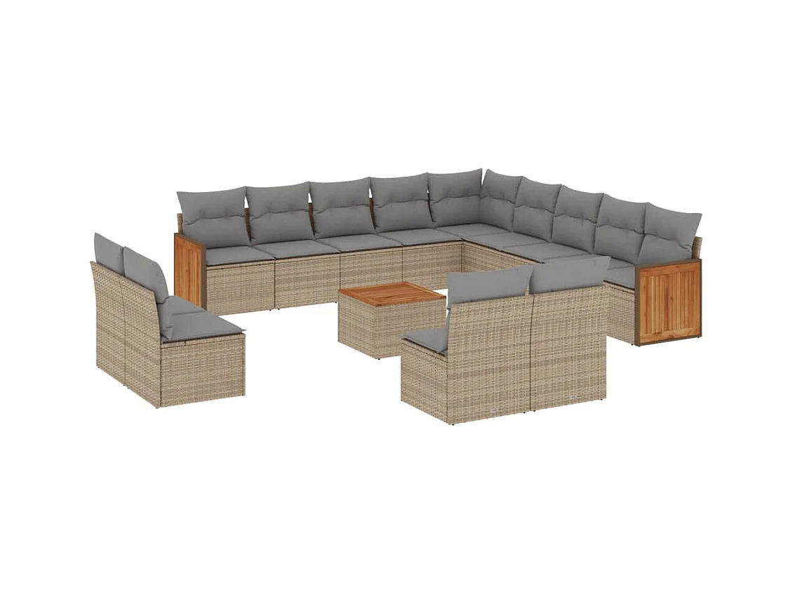 Salon de jardin avec coussins 14 pcs beige résine tressée