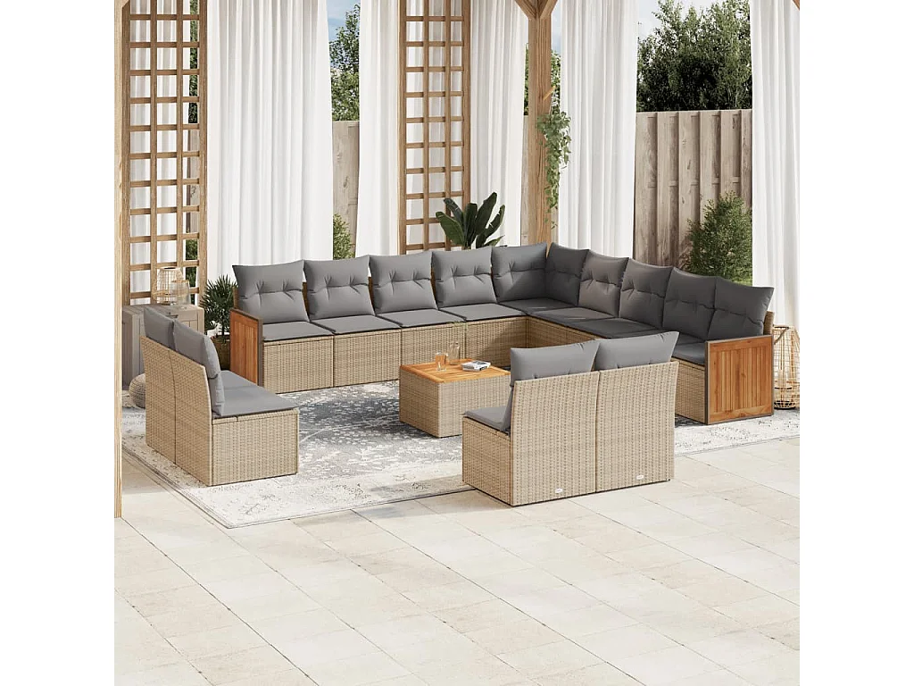 Salon de jardin avec coussins 14 pcs beige résine tressée