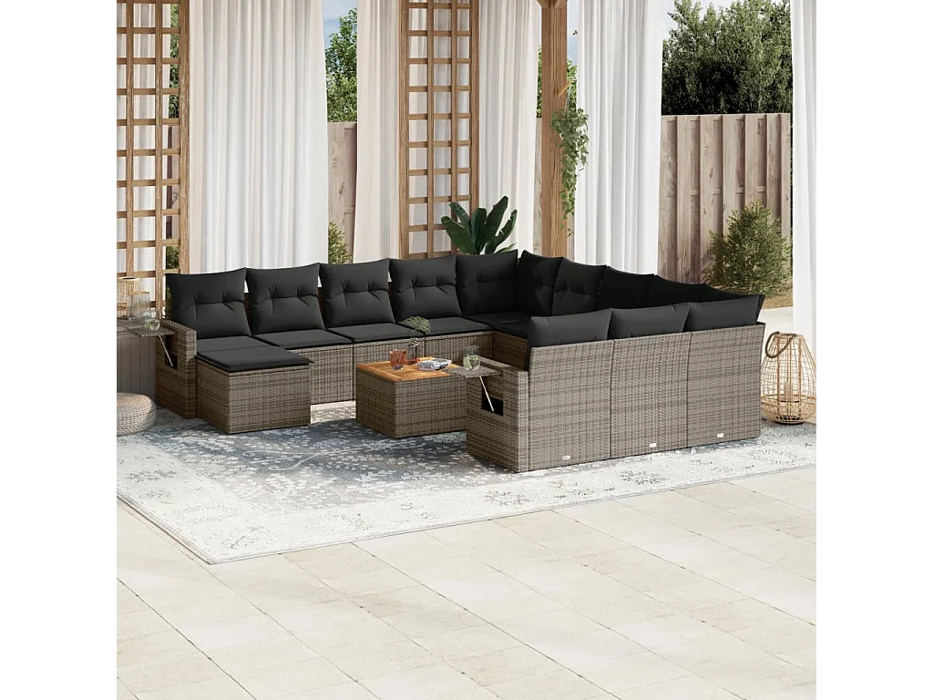 Salon de jardin avec coussins 13 pcs gris résine tressée