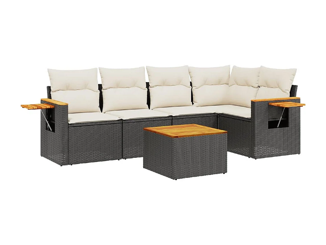 Salon de jardin 6 pcs avec coussins noir résine tressée