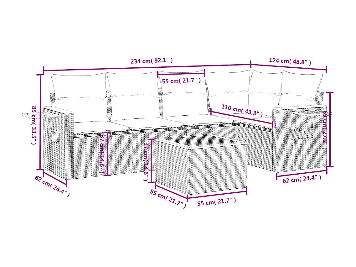 Salon de jardin 6 pcs avec coussins noir résine tressée