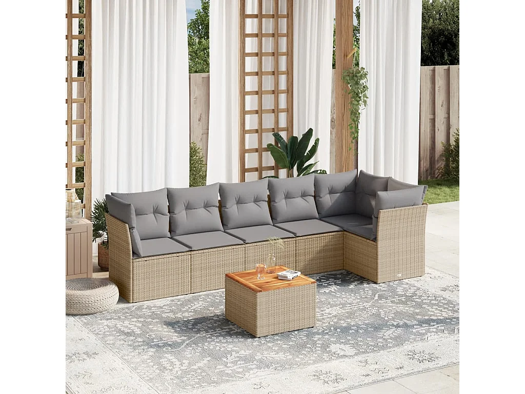 Salon de jardin avec coussins 7 pcs beige résine tressée
