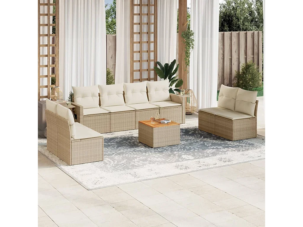 Salon de jardin avec coussins 9 pcs beige résine tressée