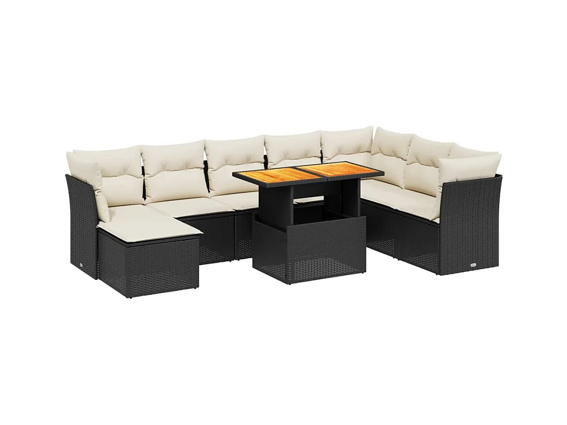 Salon de jardin 9 pcs avec coussins noir résine tressée