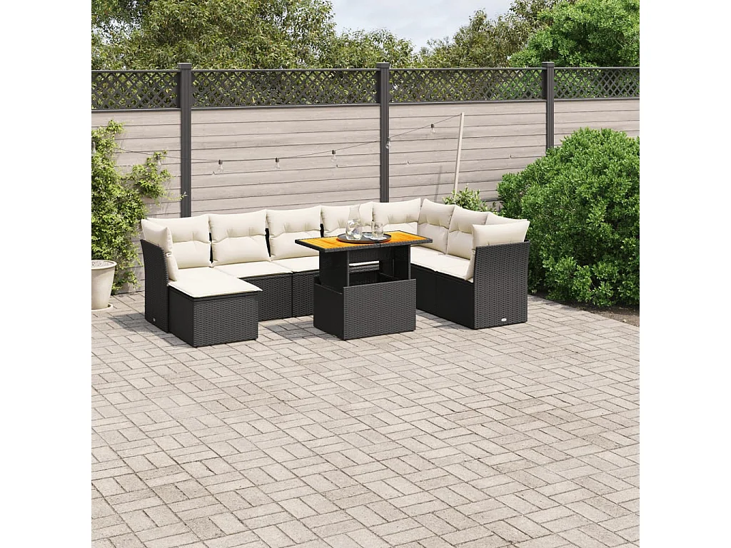Salon de jardin 9 pcs avec coussins noir résine tressée