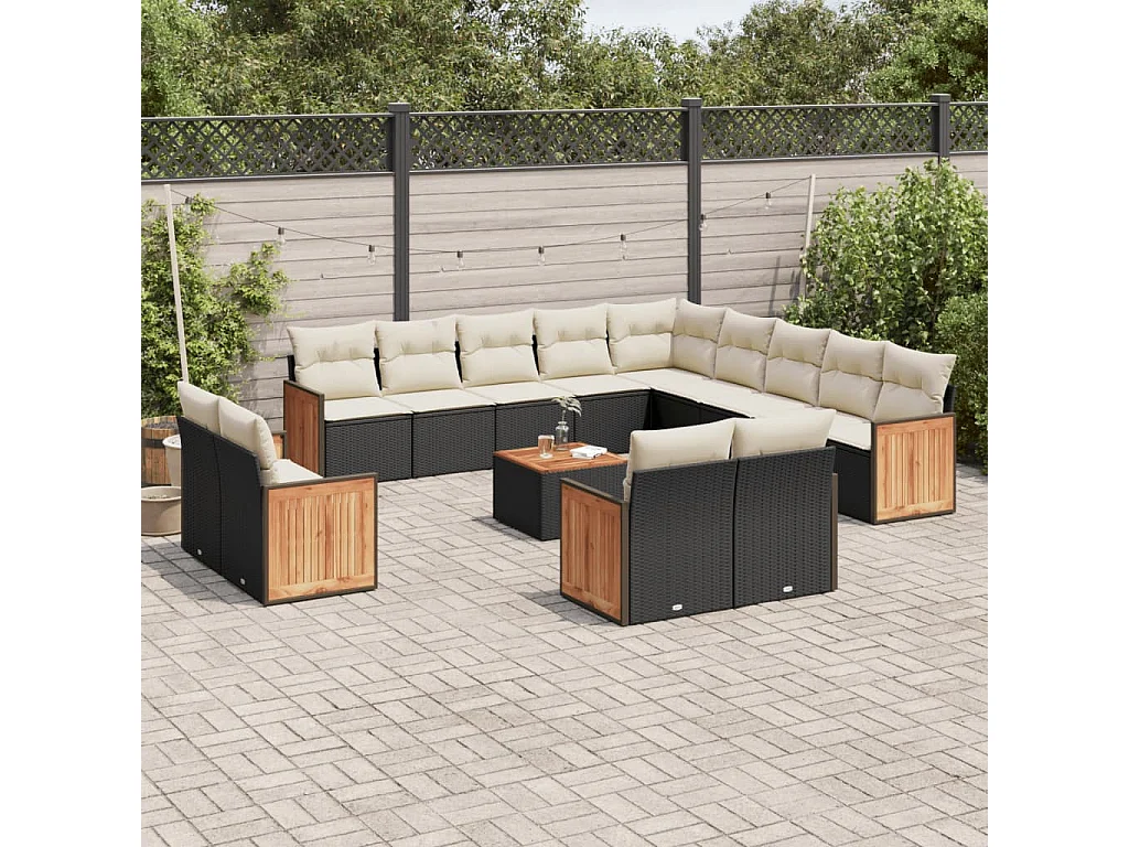 Salon de jardin avec coussins 14 pcs noir résine tressée