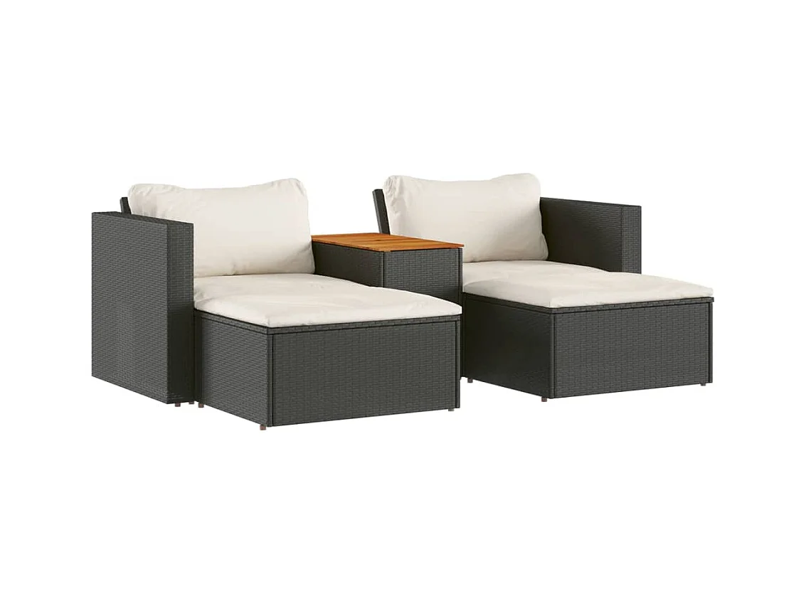 Salon de jardin 5 pcs avec coussins noir résine tressée acacia