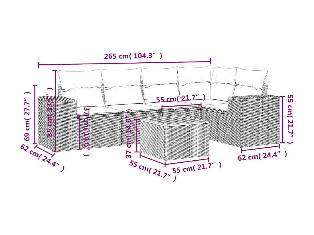 Salon de jardin 6 pcs avec coussins gris résine tressée