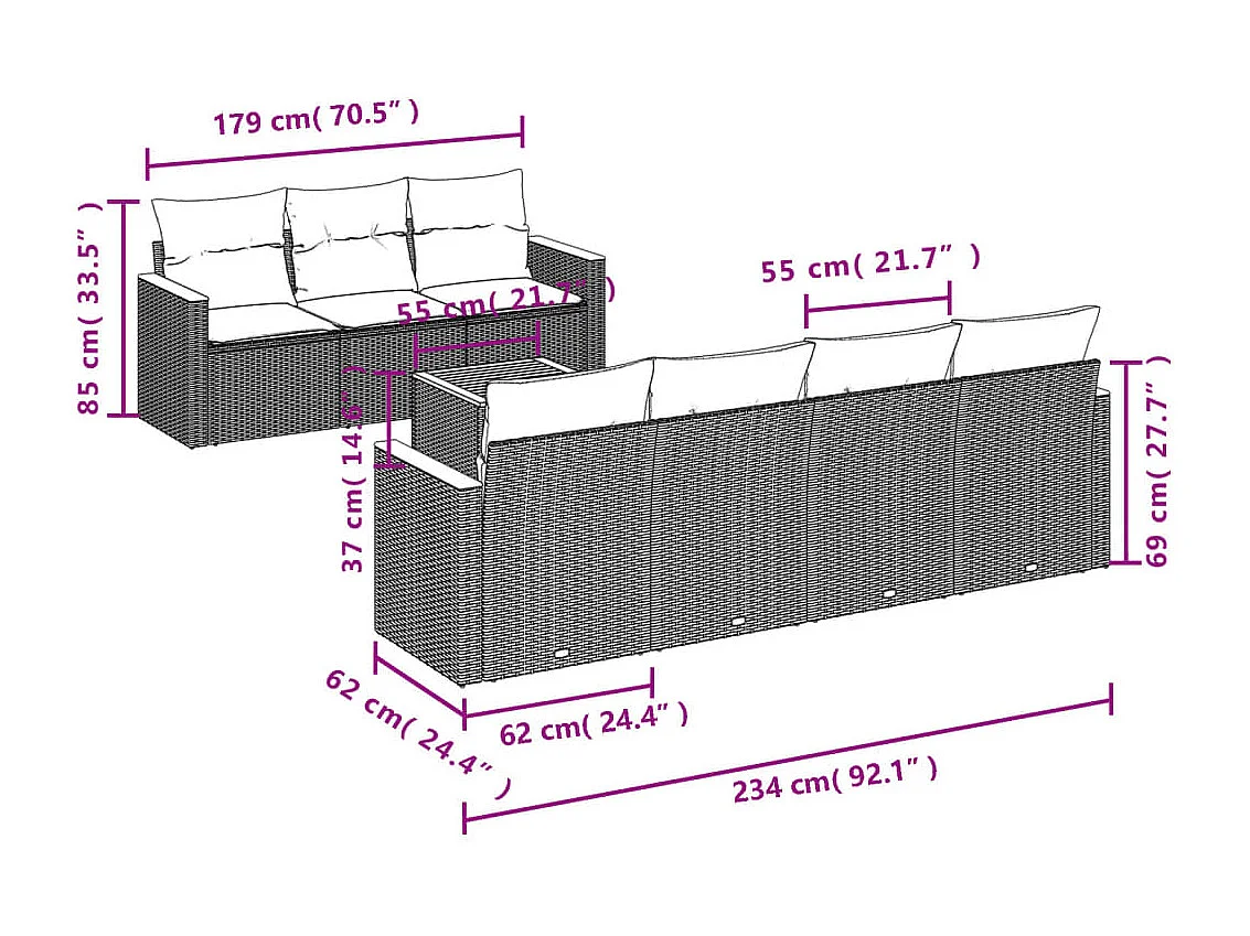Salon de jardin 8 pcs avec coussins gris résine tressée