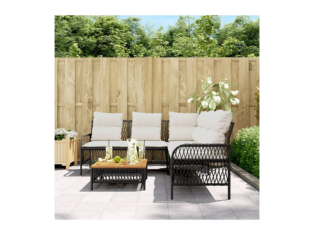 Canapés de jardin 2 pcs avec coussins Noir Résine tressée