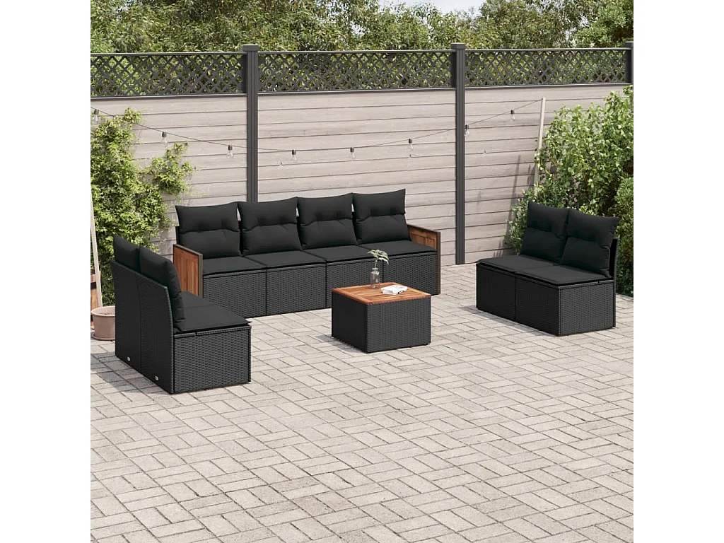 Salon de jardin 9 pcs avec coussins noir résine tressée