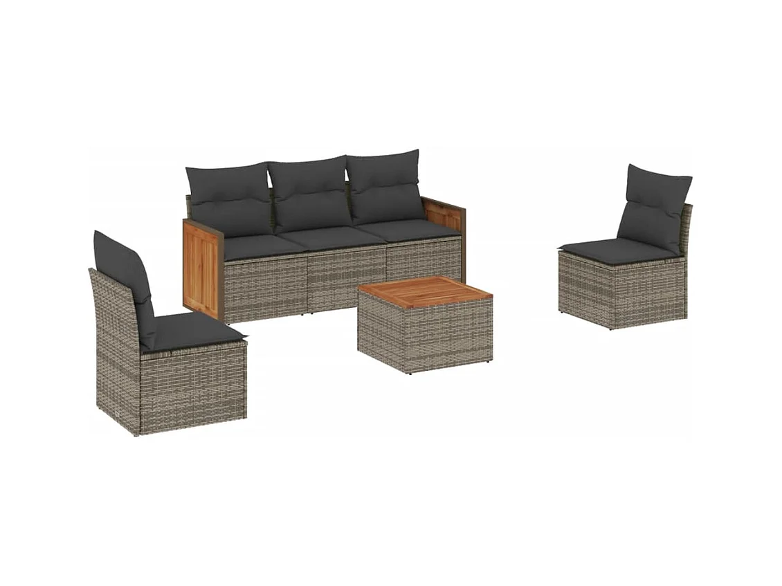 Salon de jardin 6 pcs avec coussins gris résine tressée