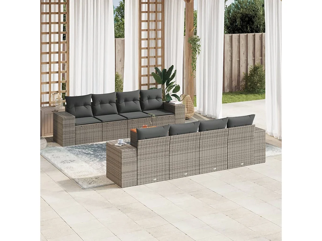 Salon de jardin 9 pcs avec coussins gris résine tressée
