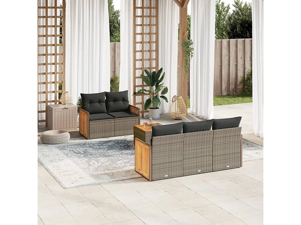 Salon de jardin 6 pcs avec coussins gris résine tressée