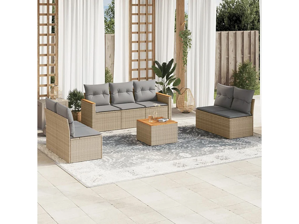 Salon de jardin avec coussins 8 pcs beige résine tressée