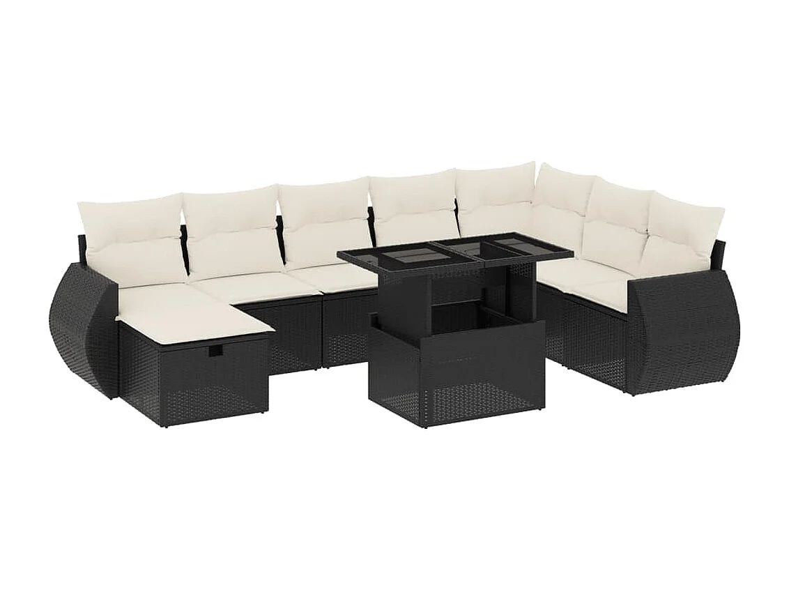 Salon de jardin 9 pcs avec coussins noir résine tressée