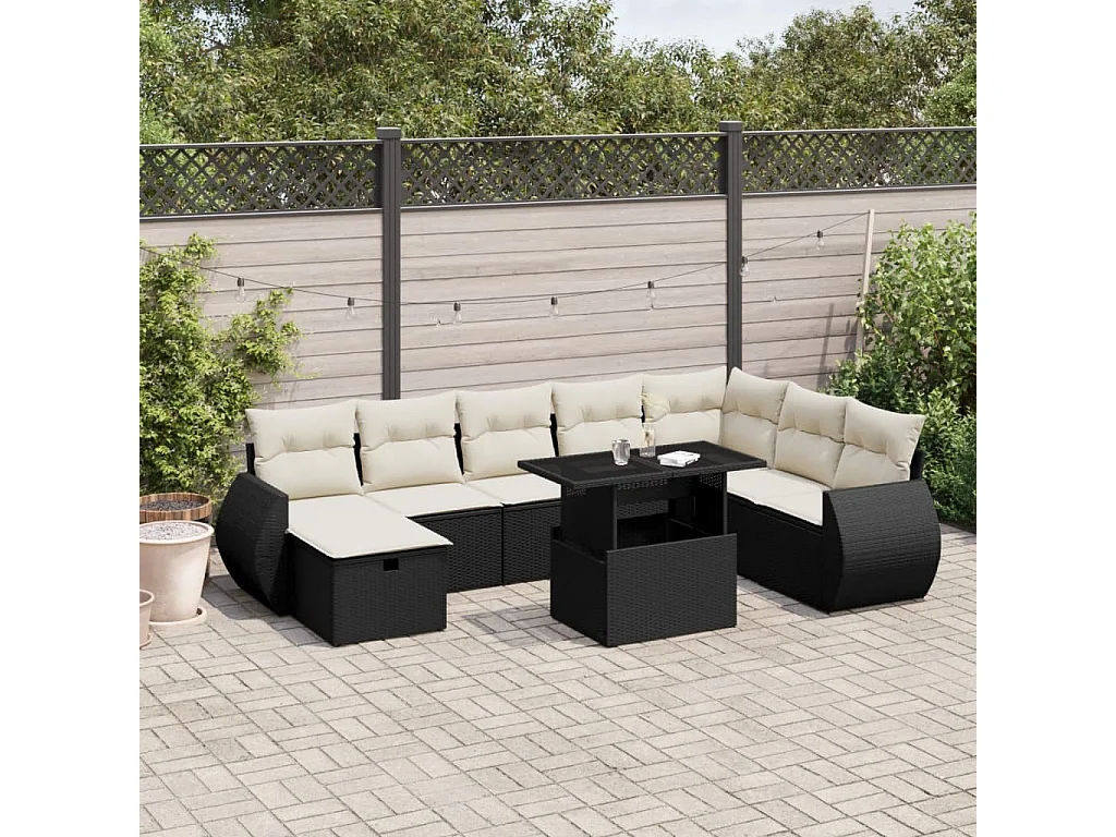 Salon de jardin 9 pcs avec coussins noir résine tressée