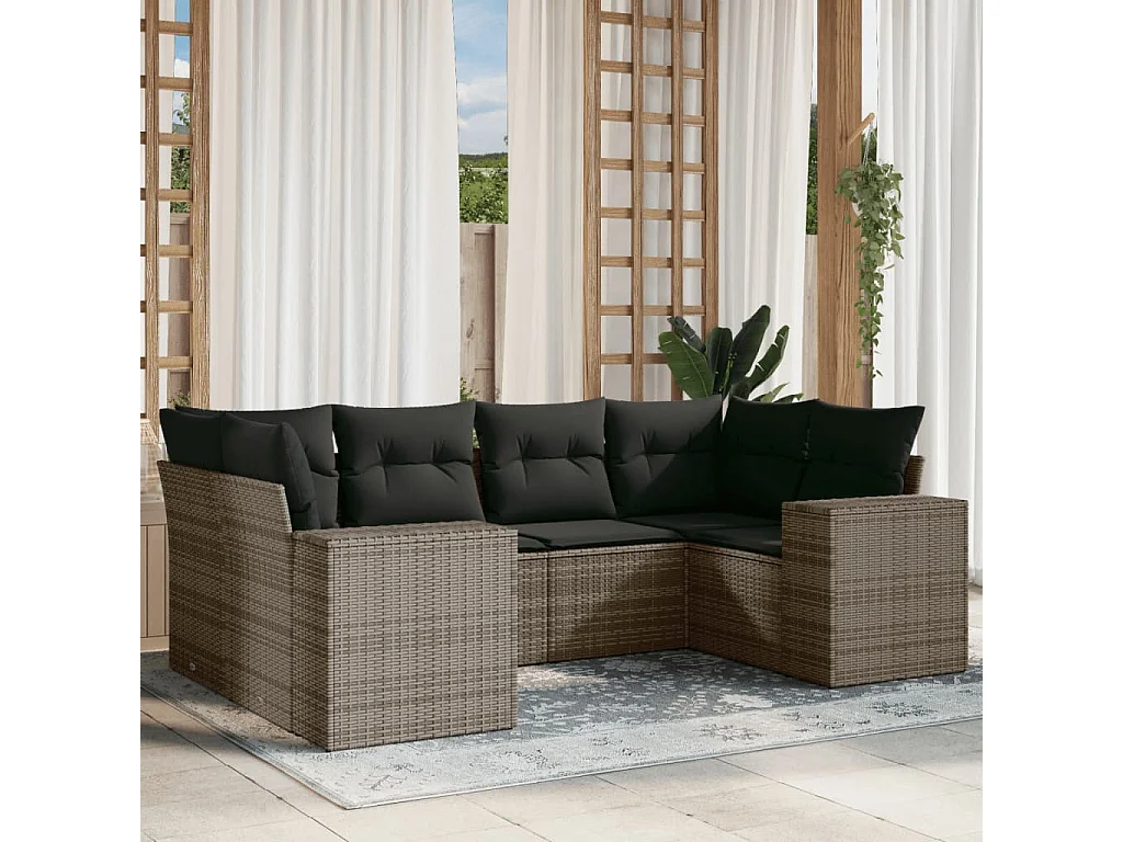 Salon de jardin 6 pcs avec coussins gris résine tressée