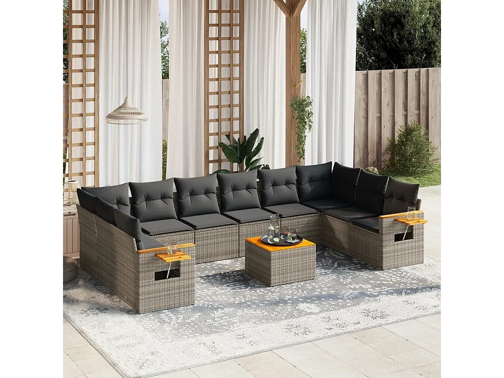 Salon de jardin 11 pcs avec coussins gris résine tressée