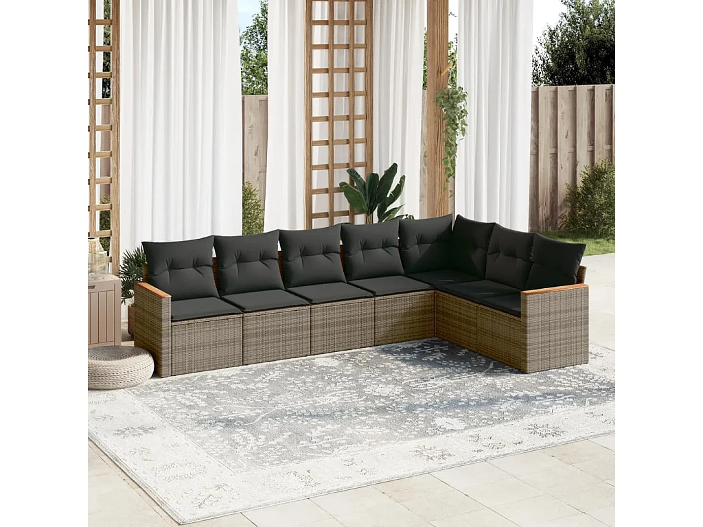 Salon de jardin avec coussins 7 pcs gris résine tressée