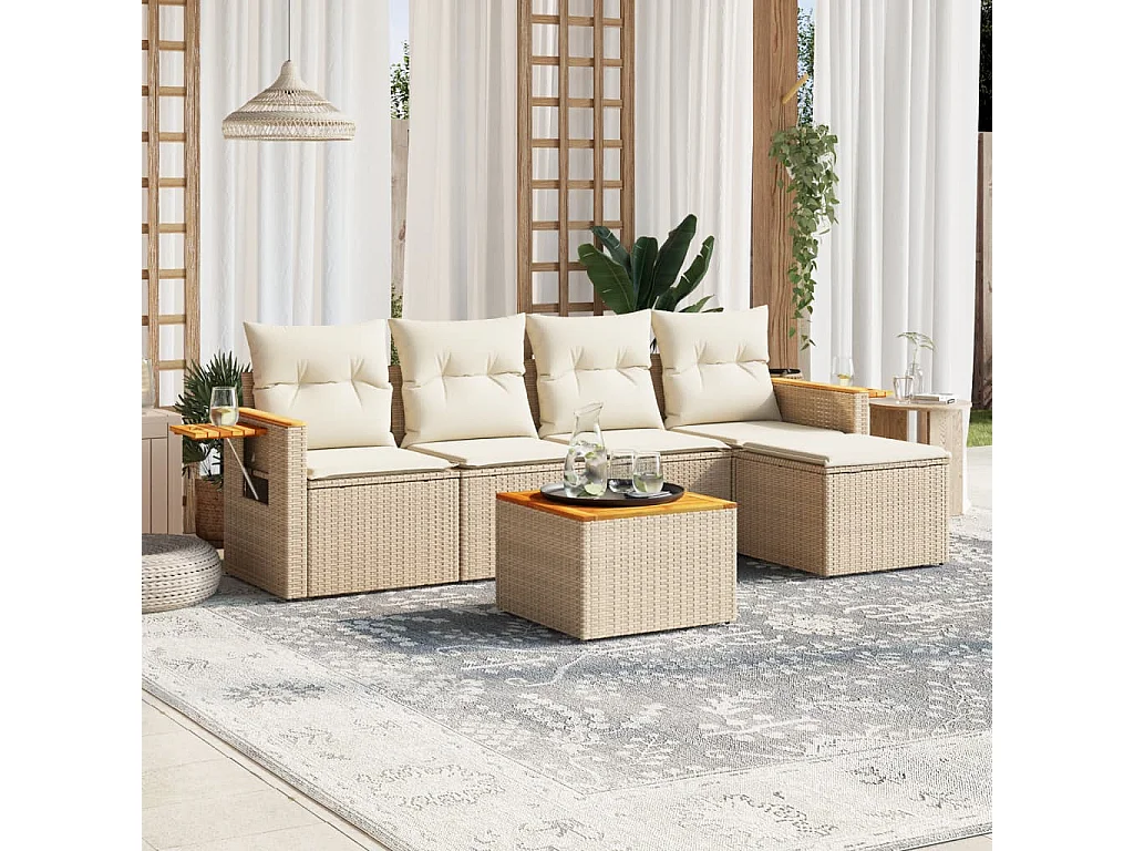 Salon de jardin avec coussins 6 pcs beige résine tressée