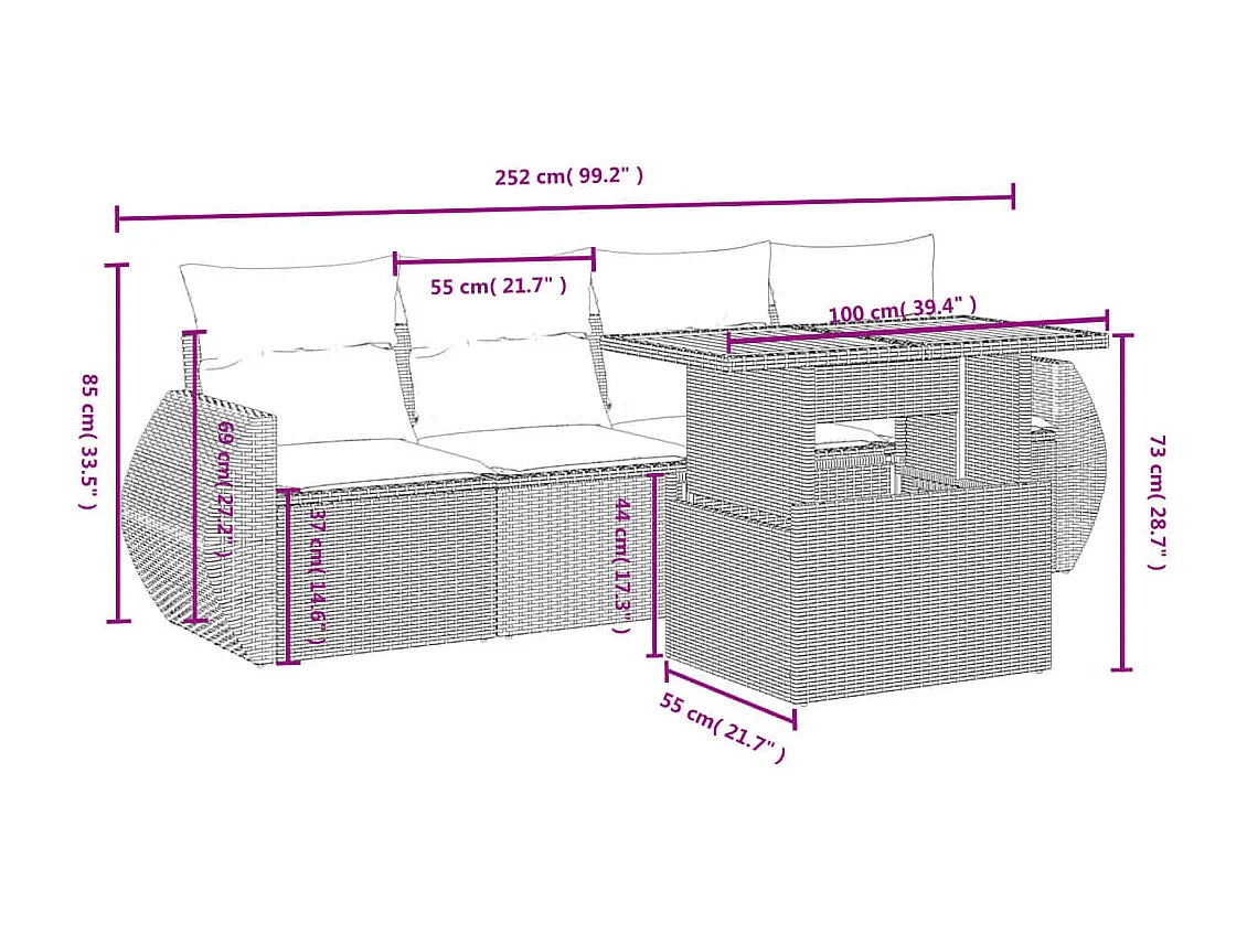 Salon de jardin 5 pcs avec coussins noir résine tressée