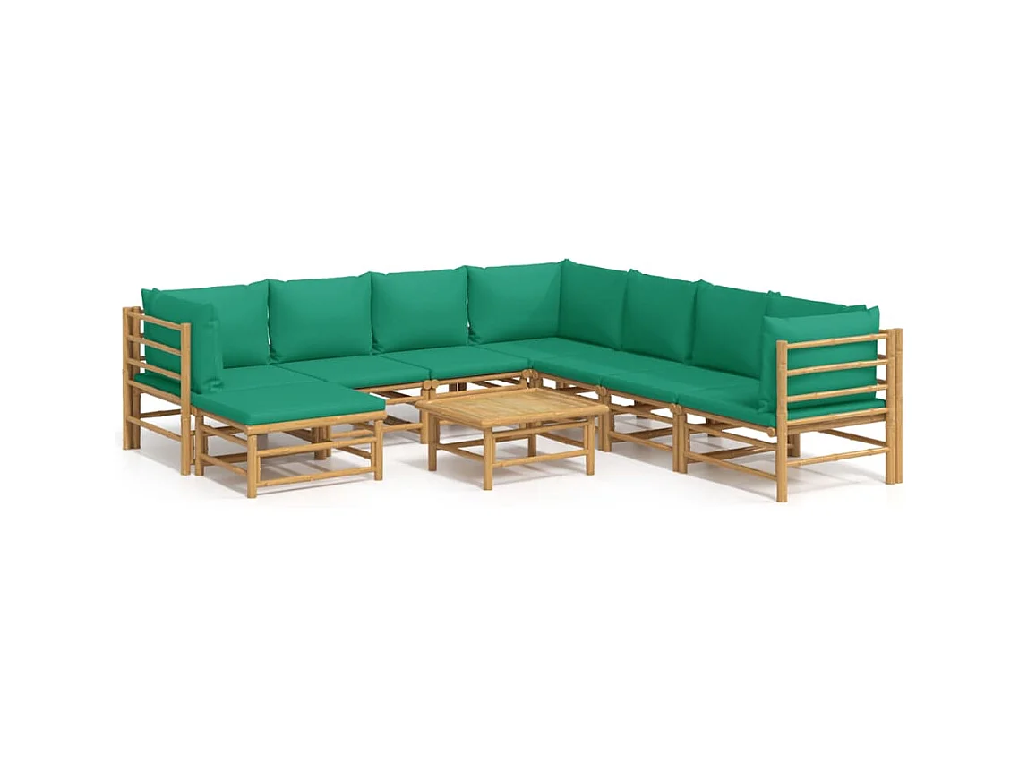 Salon de jardin 9 pcs avec coussins vert bambou