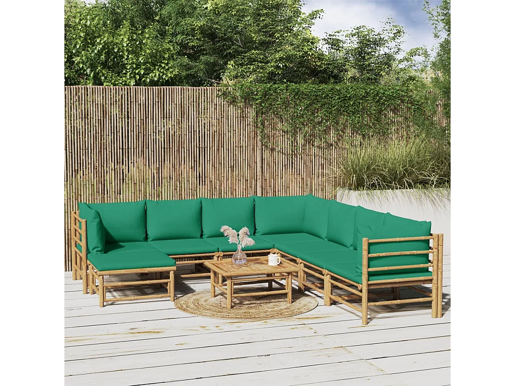 Salon de jardin 9 pcs avec coussins vert bambou