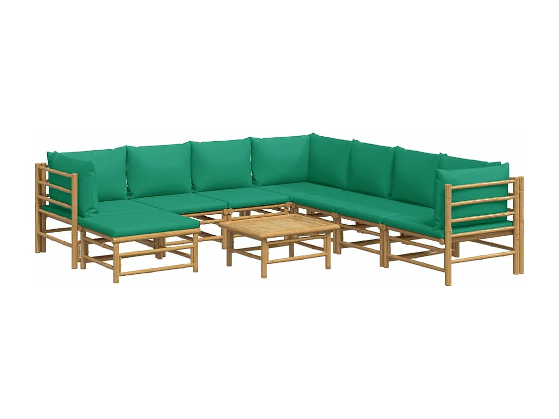Salon de jardin 9 pcs avec coussins vert bambou