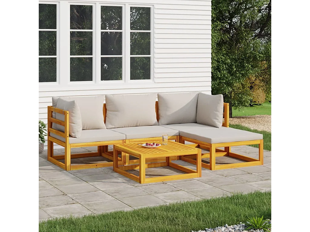 Salon de jardin 5 pcs avec coussins gris clair bois massif