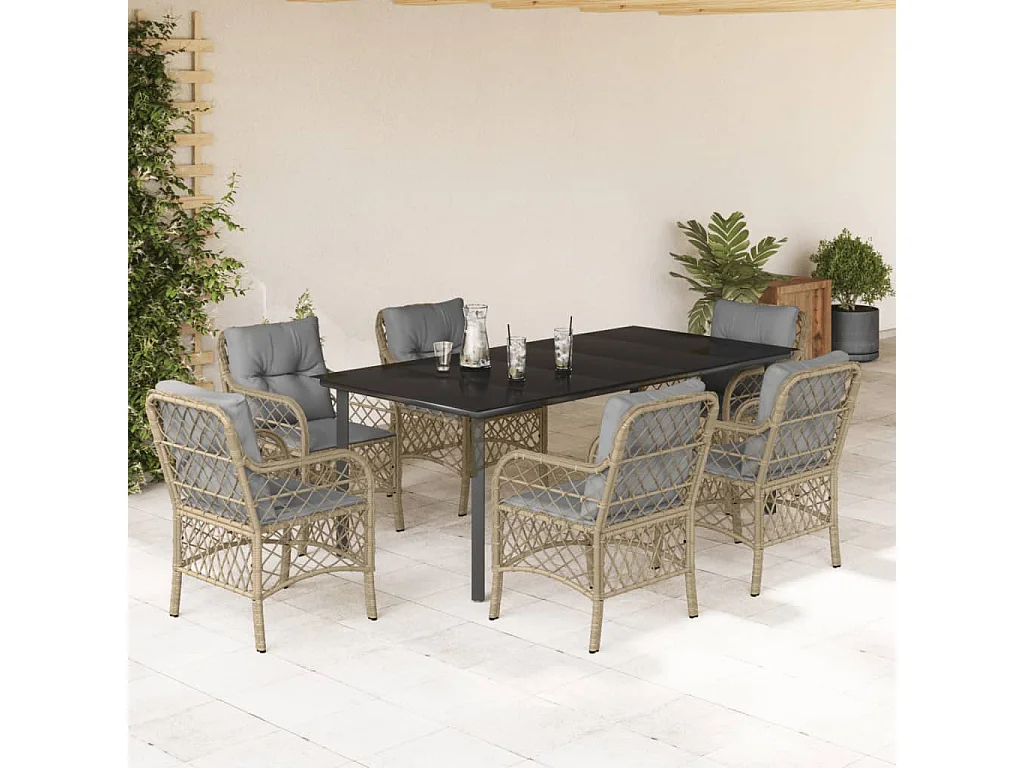 Ensemble à manger de jardin coussins 7 pcs mélange beige rotin